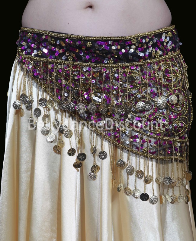 Ceinture de danse orientale brodée noire or fuchsia