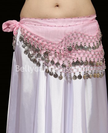 Ceinture de danse orientale rose pâle à sequins argentés