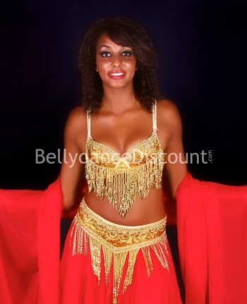 Bellydance bra + belt set fuchsia and gold