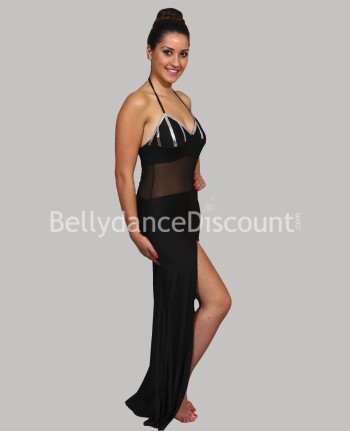 Robe de danse orientale noire et argent en lycra et résille