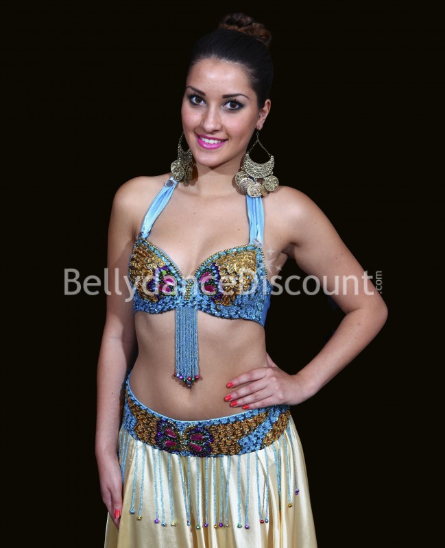 Set soutien-gorge + ceinture de danse orientale bleu ciel et or