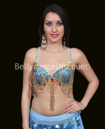 Soutien-gorge de danse orientale bleu ciel et doré