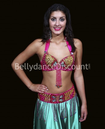 Set soutien-gorge + ceinture de danse orientale fuchsia et or