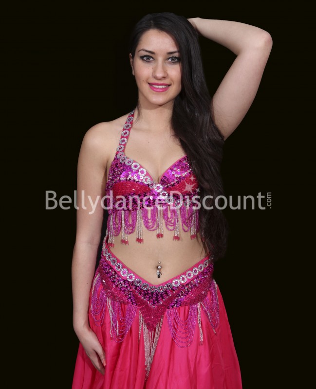 Set soutien-gorge + ceinture de danse orientale fuchsia et argenté Set soutien-gorge + ceinture de danse orientale fuchsia et argenté
