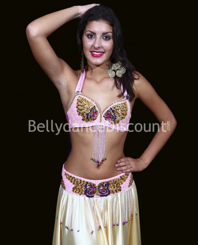 Set soutien-gorge + ceinture de danse orientale rose pâle et or