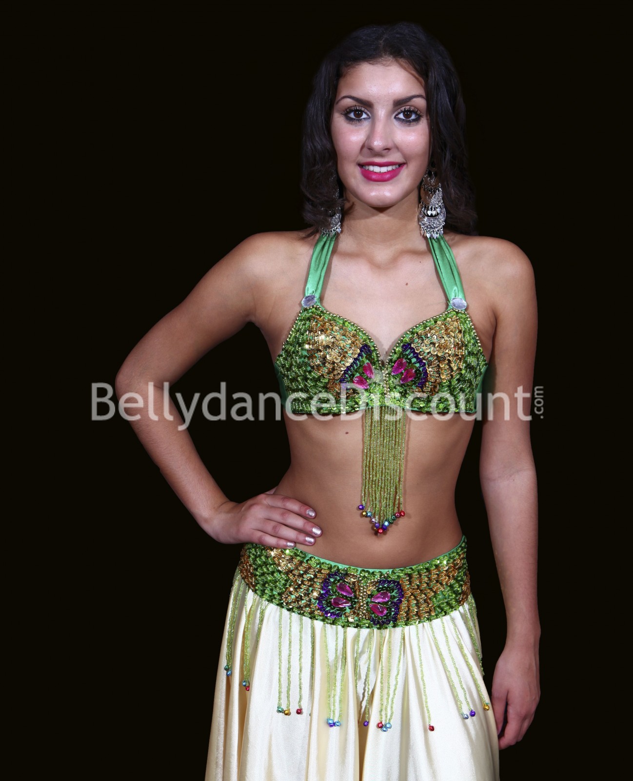 Bellydance bra + belt set green and gold - 49,90 €