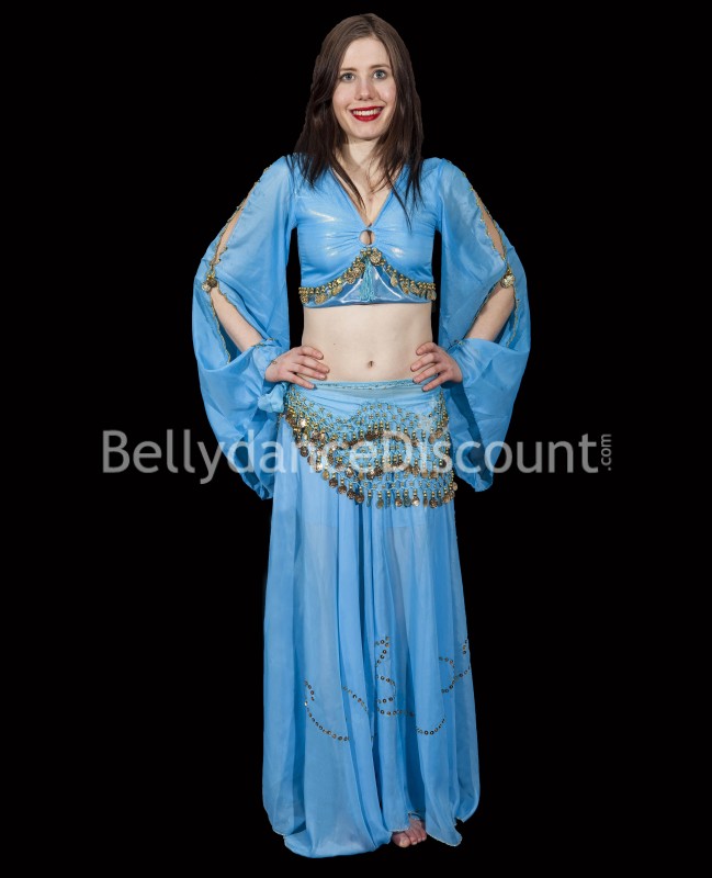 Cinturón de danza del vientre azul claro lentejuelas doradas