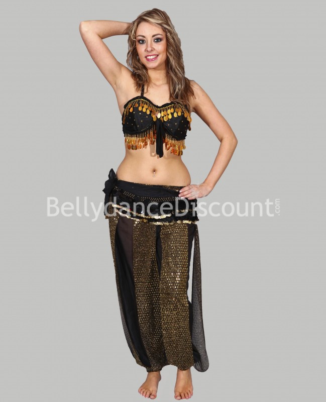 Pantaloni brillanti di danza del ventre neri e oro