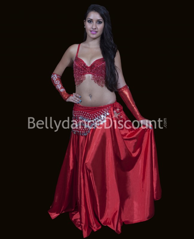 Cinturón de danza del vientre rojo lentejuelas plateadas