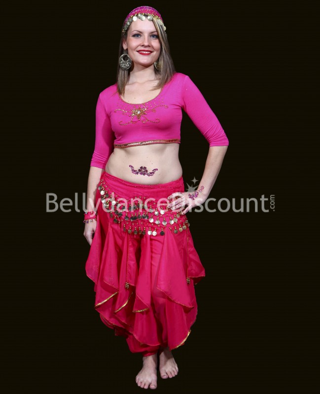 Cinturón de danza del vientre fucsia lentejuelas doradas