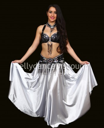  Falda para danza del vientre en satín plateada 
