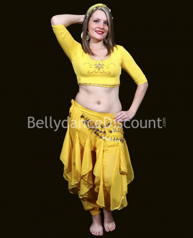 Ceinture de danse orientale jaune à sequins or