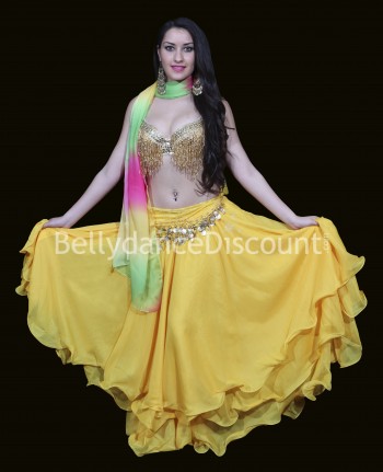 Yellow belly dance belt with golden sequins