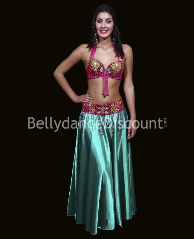 Set soutien-gorge + ceinture de danse orientale fuchsia et or