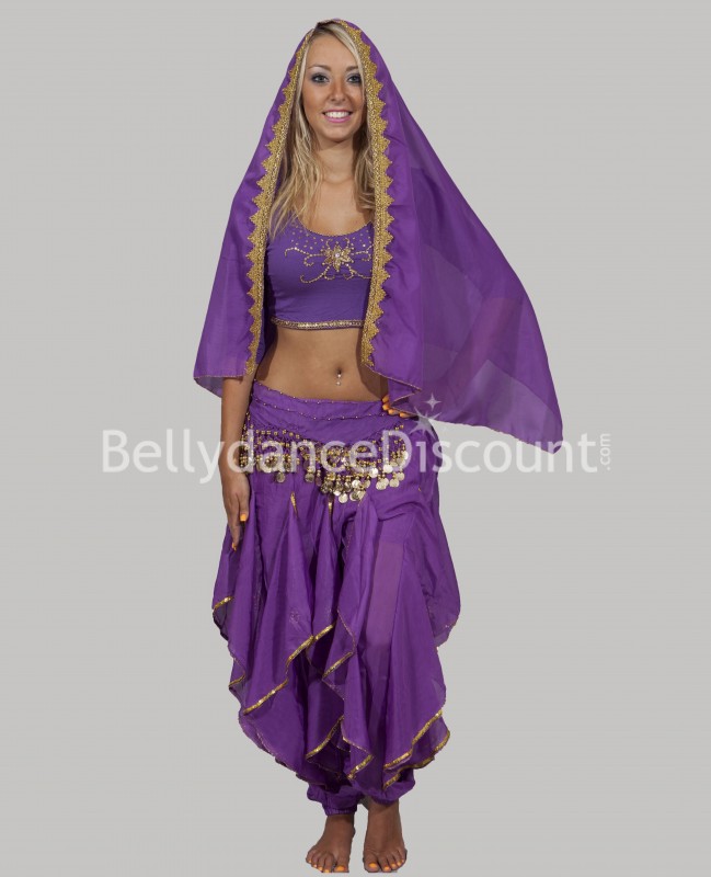 Ceinture de danse orientale violette à sequins or
