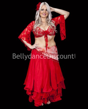 Long foulard de danse orientale velours rouge sequins or - 17,90 €