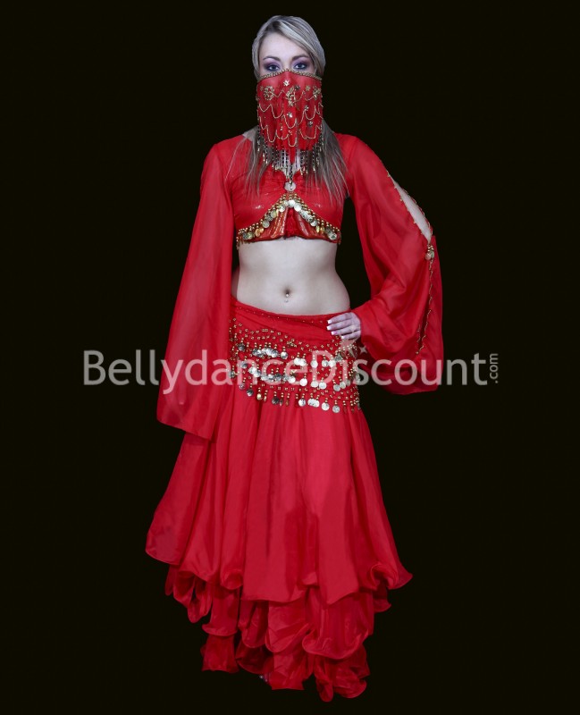 Cinturón de danza del vientre rojo lentejuelas doradas