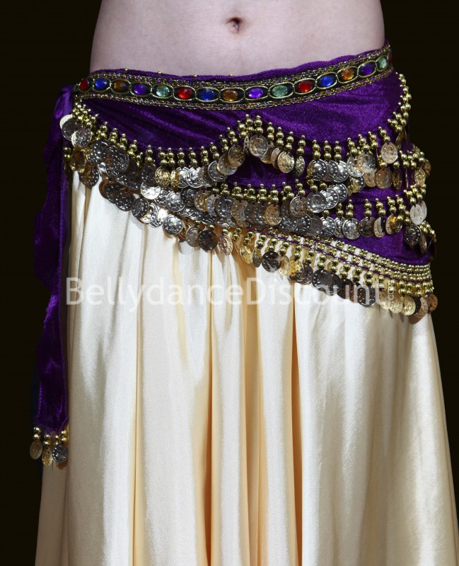 Cinturón para danza oriental en terciopelo violeta y oro Cinturón para danza oriental en terciopelo violeta y oro