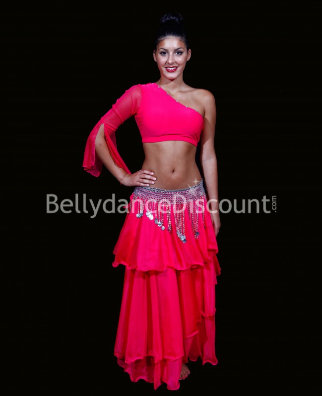 Falda para danza oriental en muselina fucsia 3 volantes