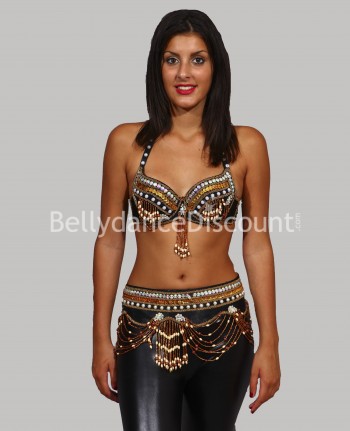 Brown pearl tribal bellydance bra + belt set