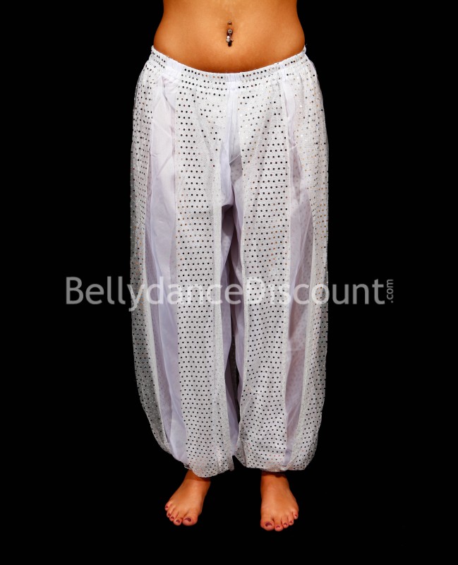 Pantaloni brillanti di danza del ventre bianchi