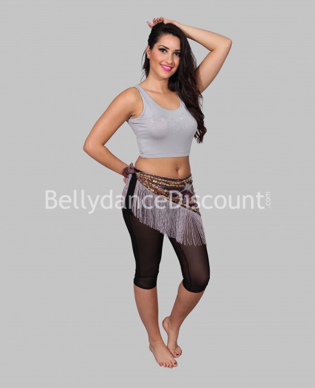 Camiseta gris de tiras estampada en brillantes “Bellydance”