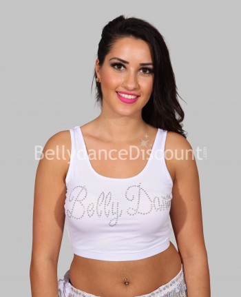 Camiseta blanca de tiras estampada en brillantes “Bellydance”