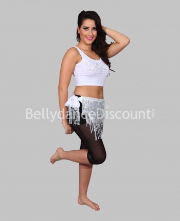 Camiseta blanca de tiras estampada en brillantes “Bellydance”