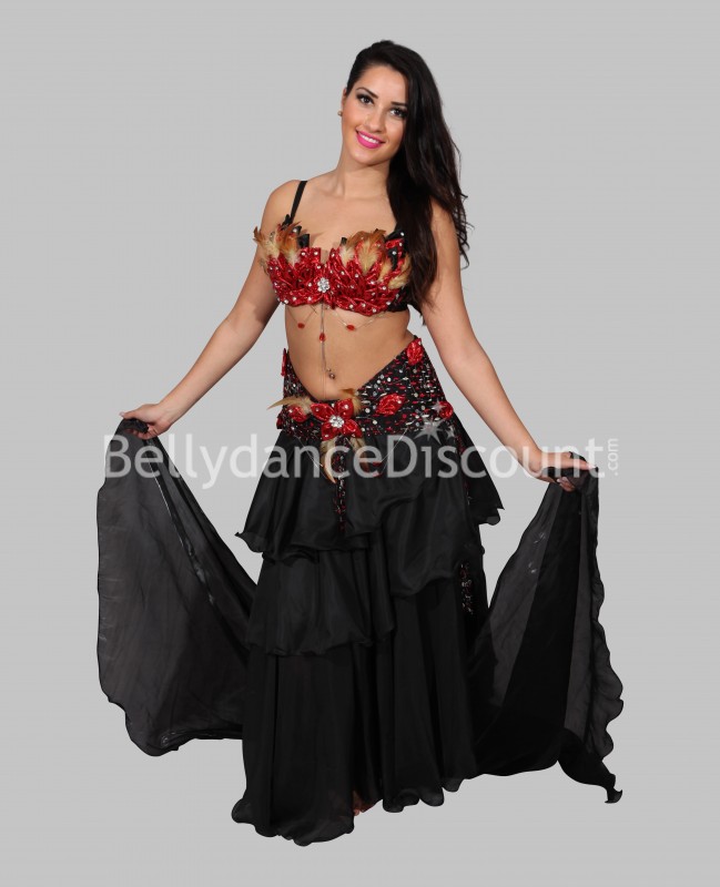 Falda para danza oriental en muselina negra 3 volantes