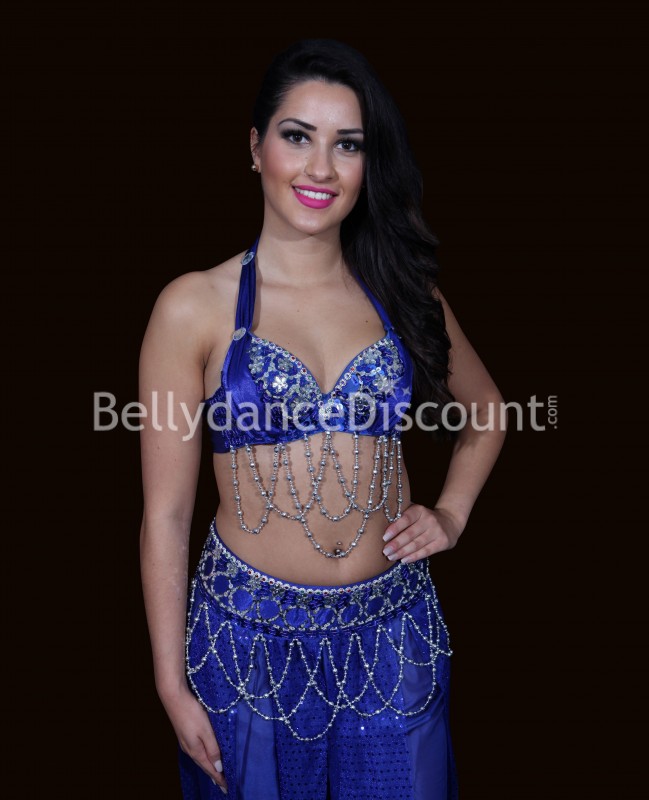 Set soutien-gorge + ceinture de danse orientale bleu nuit et argenté