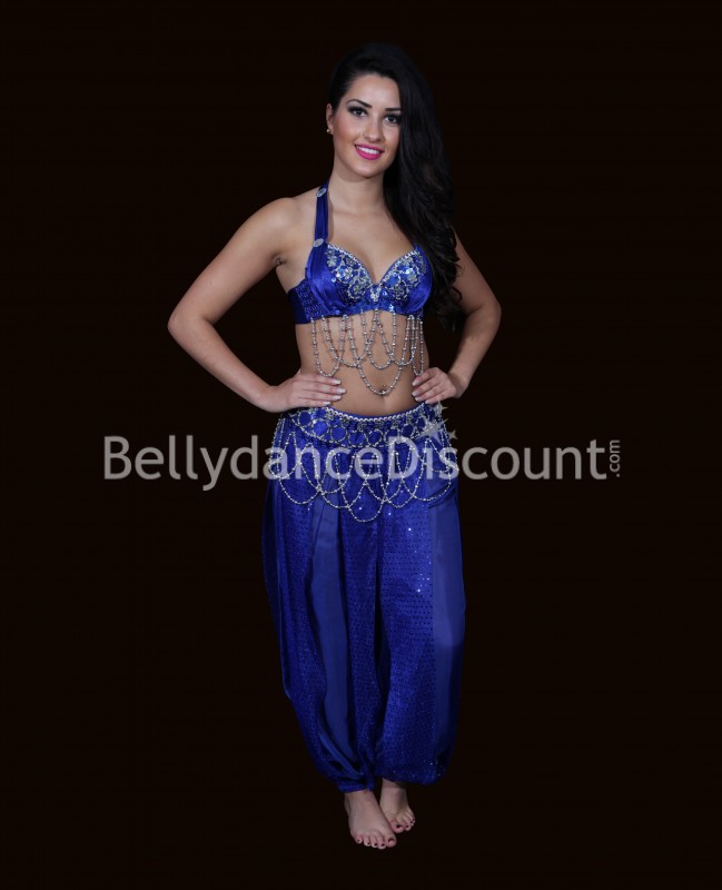 Set soutien-gorge + ceinture de danse orientale bleu nuit et argenté