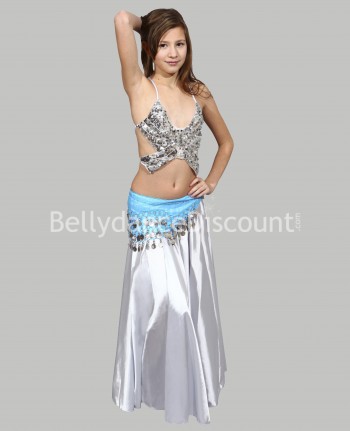 Ceinture enfant de danse orientale bleu ciel sequins argent