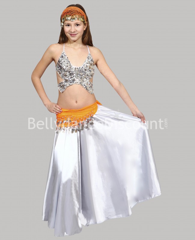 Ceinture enfant de danse orientale orange sequins argent