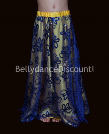 Falda azul oscura para niña en satén y bordados para danza oriental