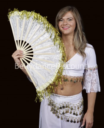 Large white oriental dance fan with golden fringes