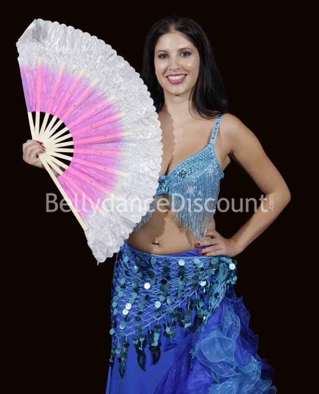 Grand éventail de danse orientale rose-bleu réversible