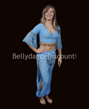 Sarouel azzurro di danza del ventre trasparente con spacchi