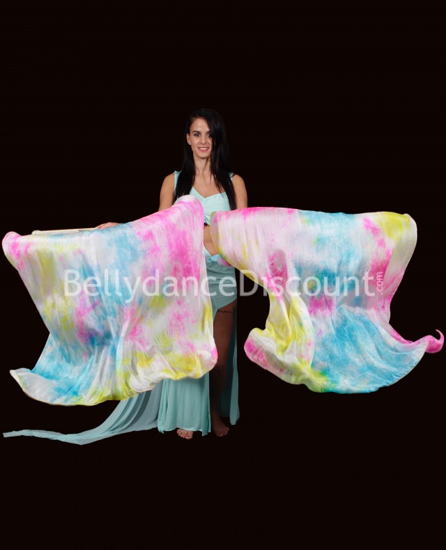Paire d'éventails de danse orientale pure soie multicolores