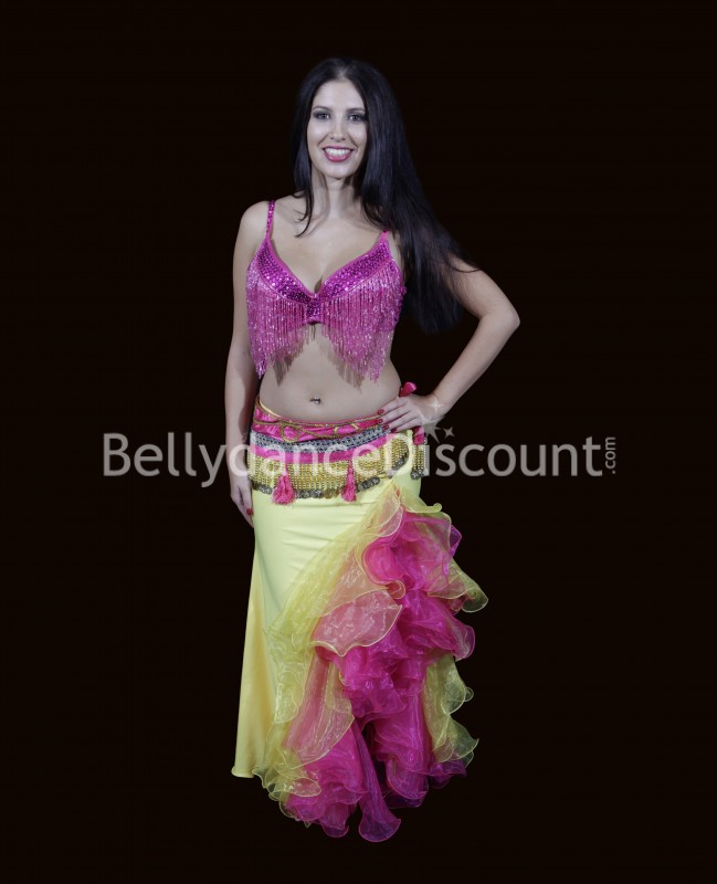 Oriental dance skirt yellow with slit and organza veiling