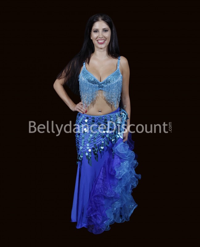 Falda azul oscura para Baile Oriental con abertura y velos de organza