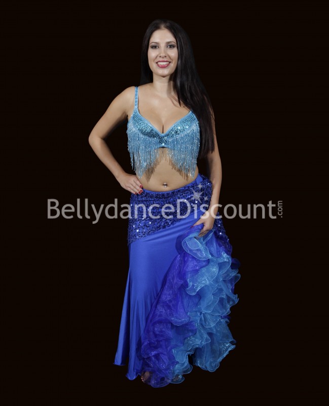 Jupe bleu nuit de danse orientale à fente et voilages organza 