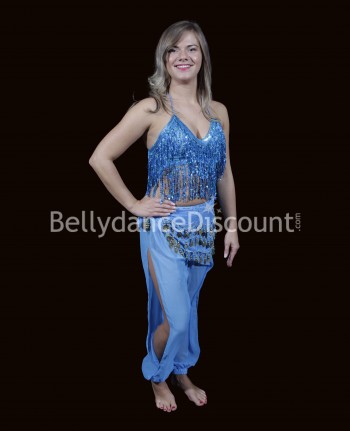Bellydance top light blue with fringes and sequins