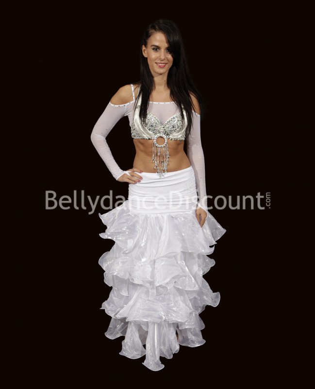 Gonna bianca di danza del ventre organza e volani