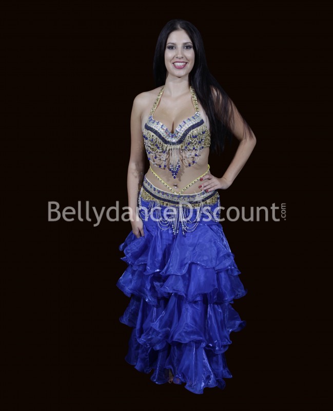 Gonna blu scuro di danza del ventre organza e volani