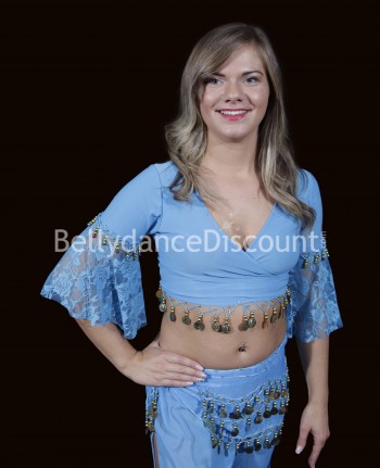 Bellydance wrap-over top light blue sequins and lace