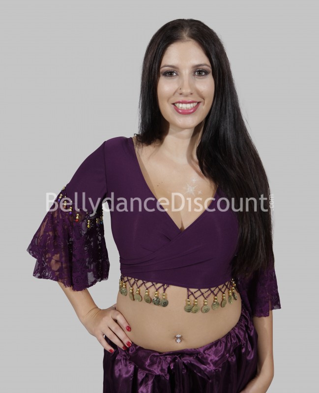 Wickelbluse für den orientalischen Tanz in Violett mit Münzen und Spitze