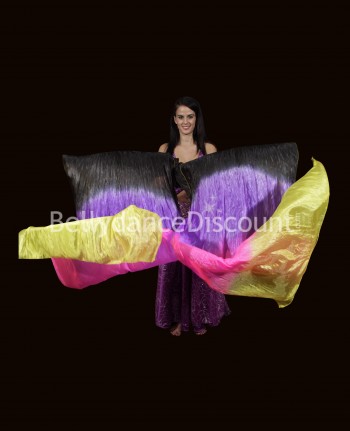 Abanicos en degradado negro-violeta-amarillo-rosa para danza oriental