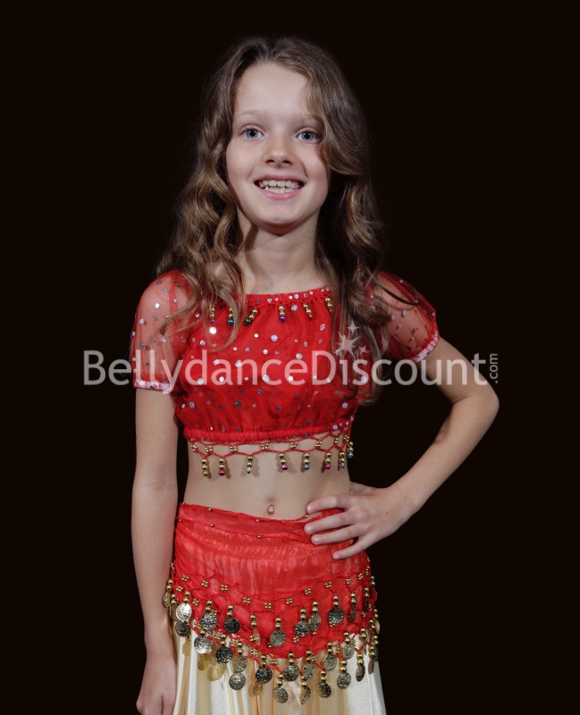 Top rojo de Danza Oriental con perlas para niña