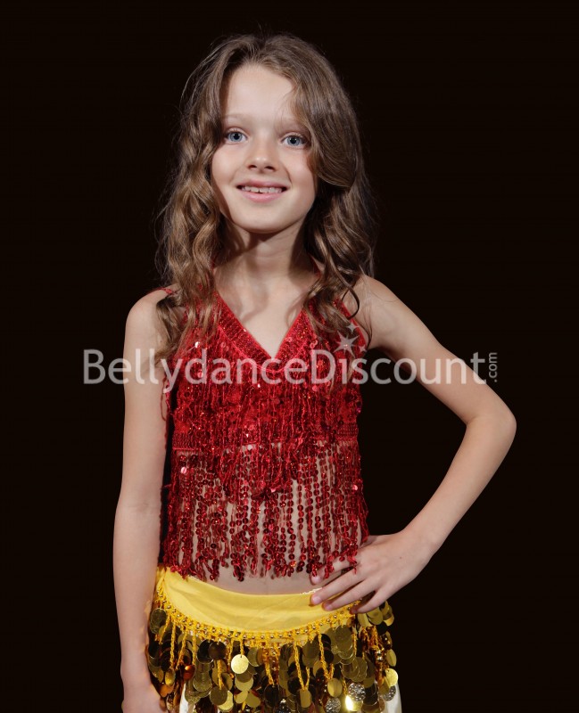 Top rojo de Danza Oriental con purpurina y flecos para niña Top rojo de Danza Oriental con purpurina y flecos para niña
