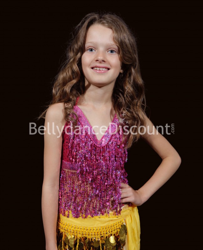 Haut enfant rose de danse orientale paillettes et franges